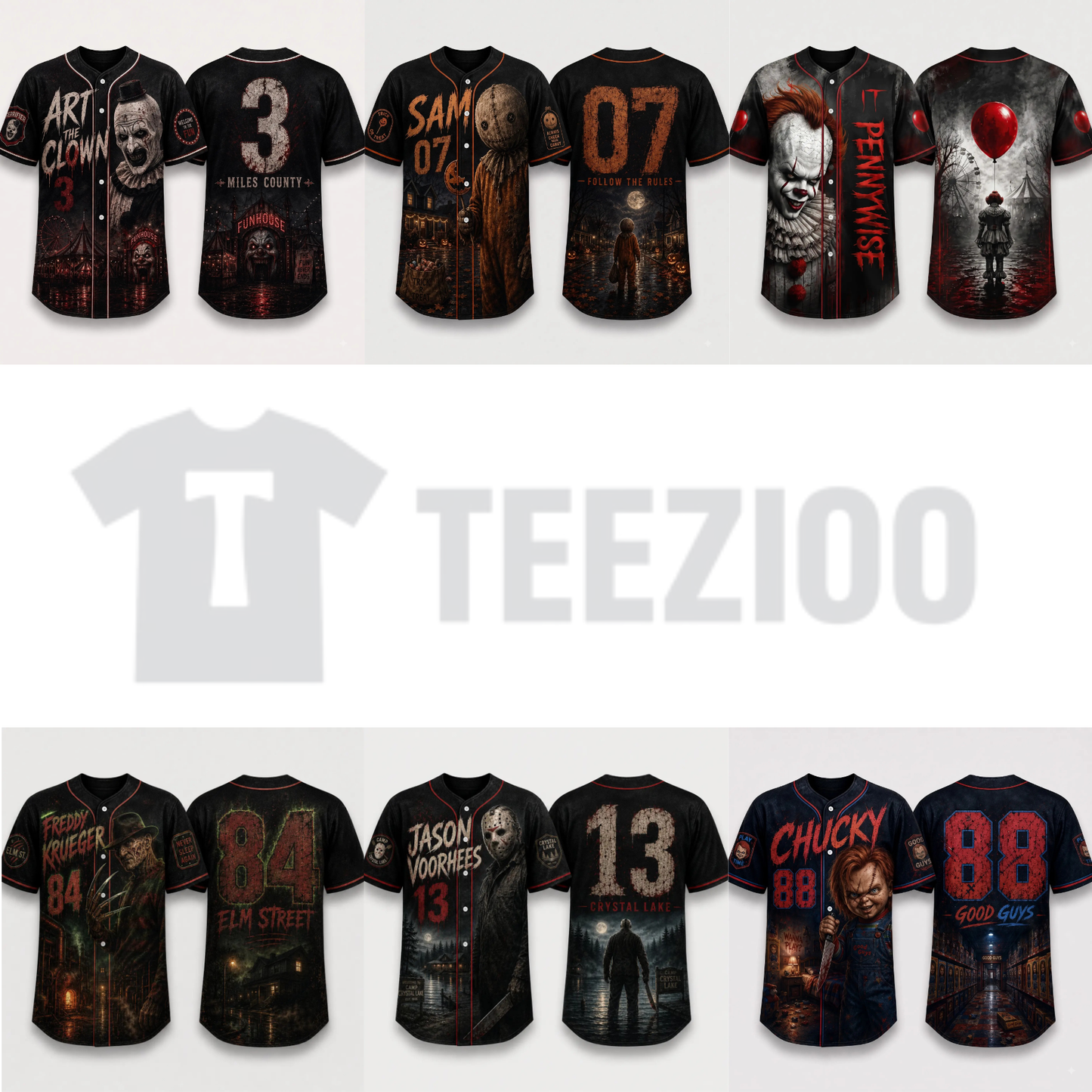 Horror Slasher Baseball Jersey - Gothic Halloween Button Front Shirt & Dark Graphic Top