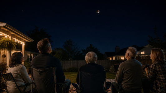 Friends and family watching a deep partial lunar eclipse from a backyard at night