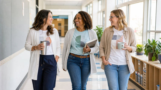 Three adult teachers in relaxed layered outfits walking through a bright school hallway