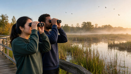 Two adults watching migrating birds from a wetland boardwalk at sunrise