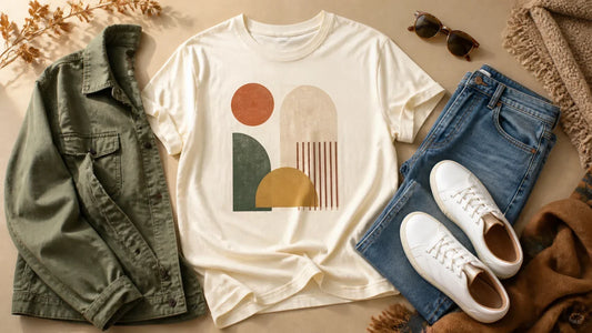 Cream graphic tee styled with denim and an olive overshirt for late-summer-to-fall outfits