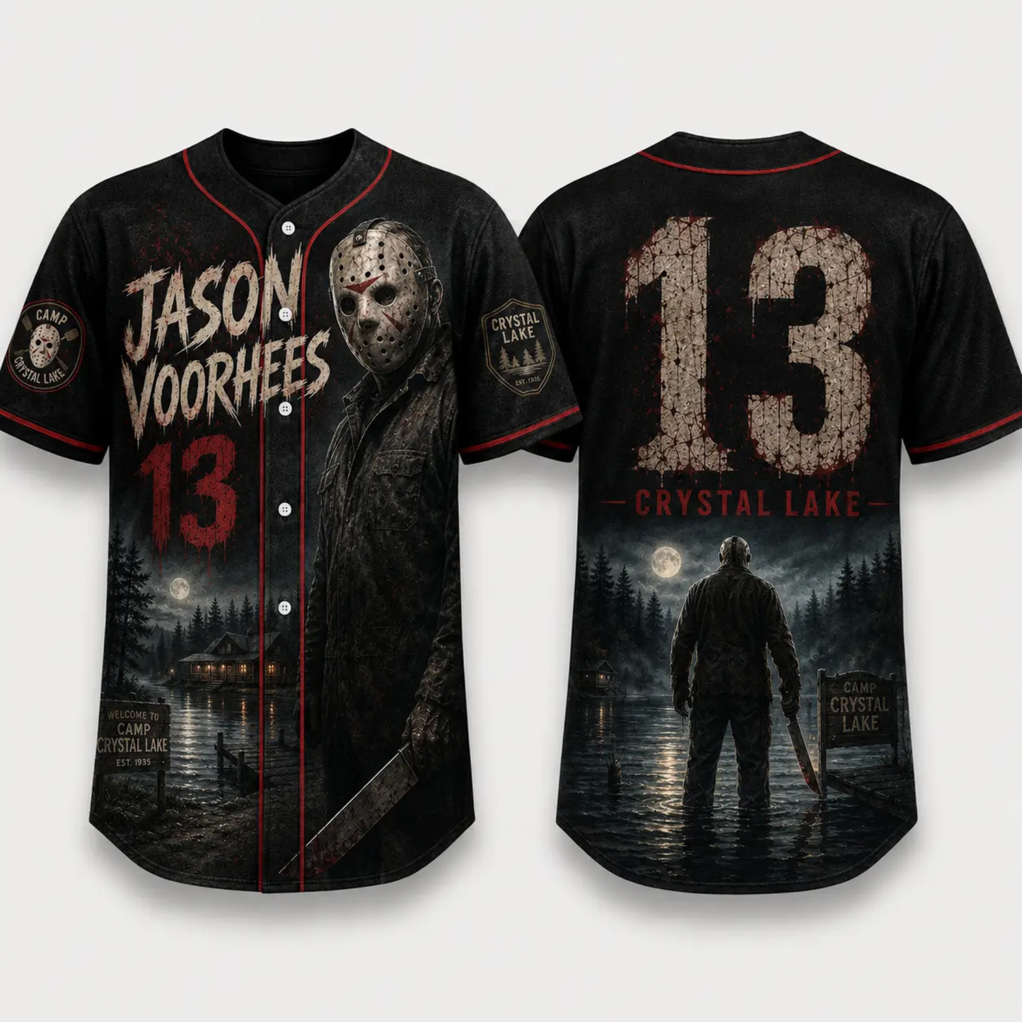 Horror Slasher Baseball Jersey - Gothic Halloween Button Front Shirt & Dark Graphic Top