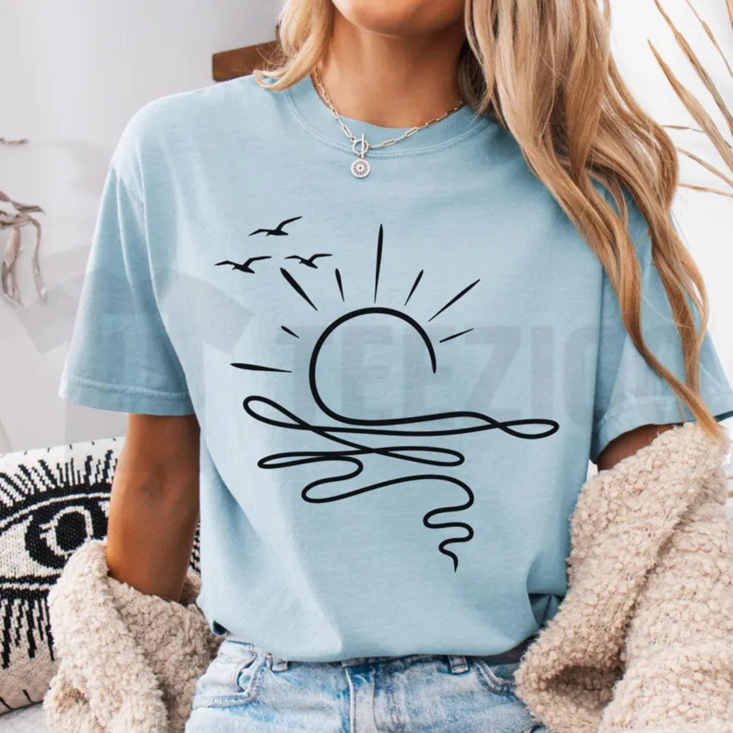 Sun Ocean Boho Comfort Colors Shirt – Minimalist Linear Summer Beach Tee