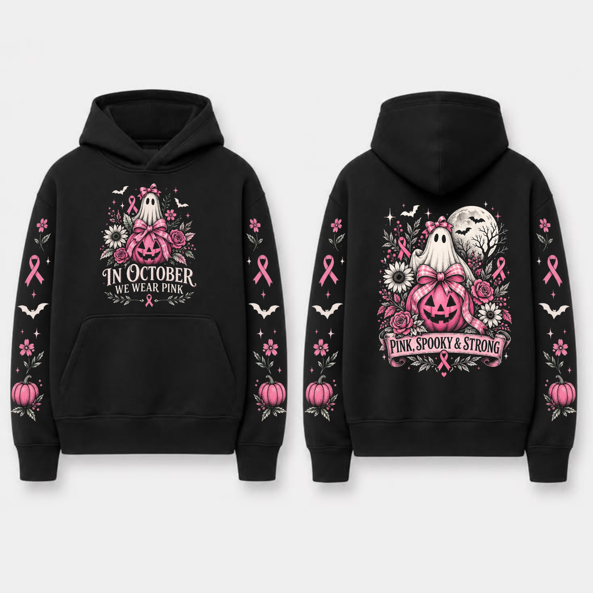 In October We Wear Pink Spooky Ribbon Hoodie - Breast Cancer Support Pullover