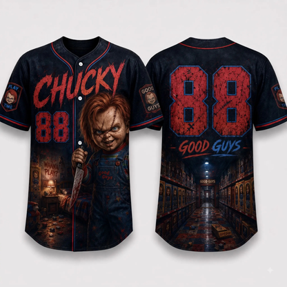 Horror Slasher Baseball Jersey - Gothic Halloween Button Front Shirt & Dark Graphic Top
