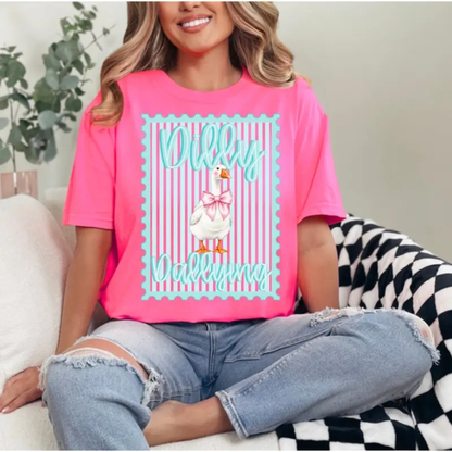 Comfort Colors® Preppy Dilly Dally Goose T-Shirt – Coquette Bow Goose Graphic Tee, Retro Striped Bow Stamp Shirt, Funny Preppy Aesthetic Gift for Her