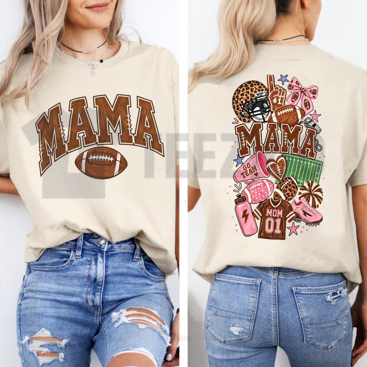 Mama Football Coquette Bow Leopard Shirt - Game Day 2-Sided Sports Mom Tee