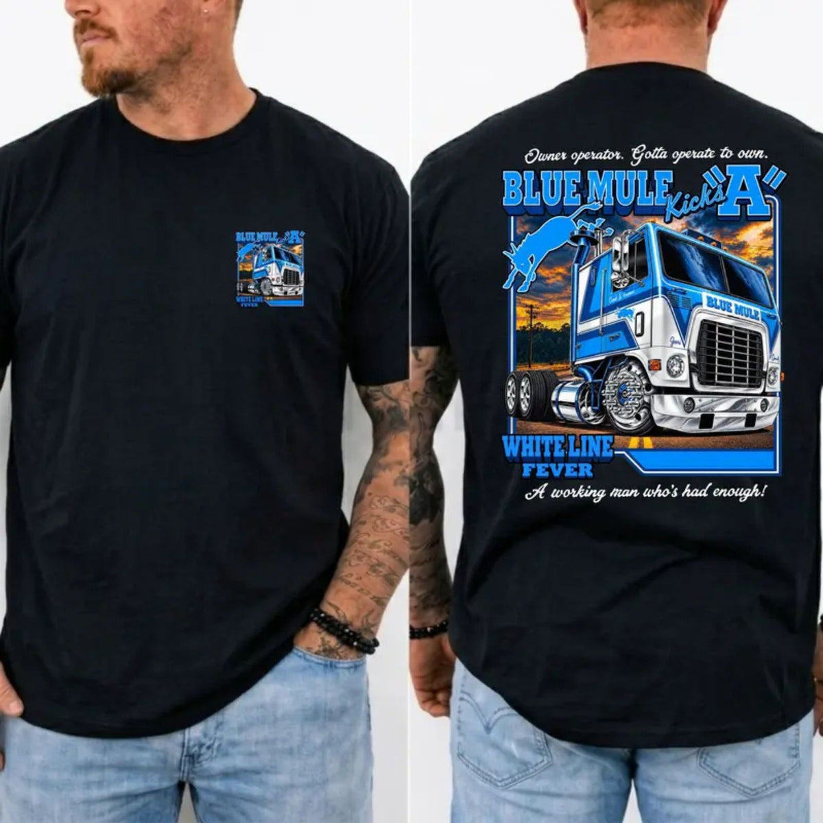 Outlaw Country Top – Blue Mule White Line Fever Trucker Band Graphic Apparel