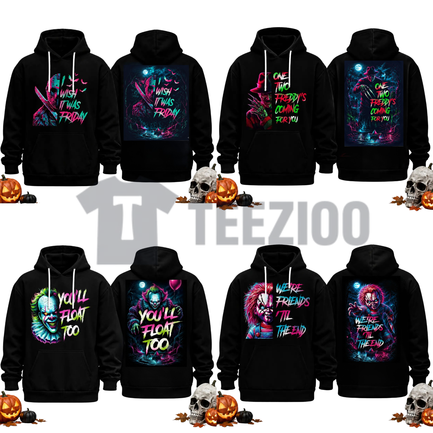 Horror Movie Villain Double Sided Hoodie - Retro Neon Scary Character Pullover