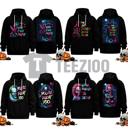 Horror Movie Villain Double Sided Hoodie - Retro Neon Scary Character Pullover