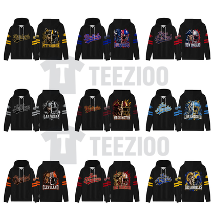 Unisex Football City Graphic Hoodie - Black Pullover Back Helmet Art
