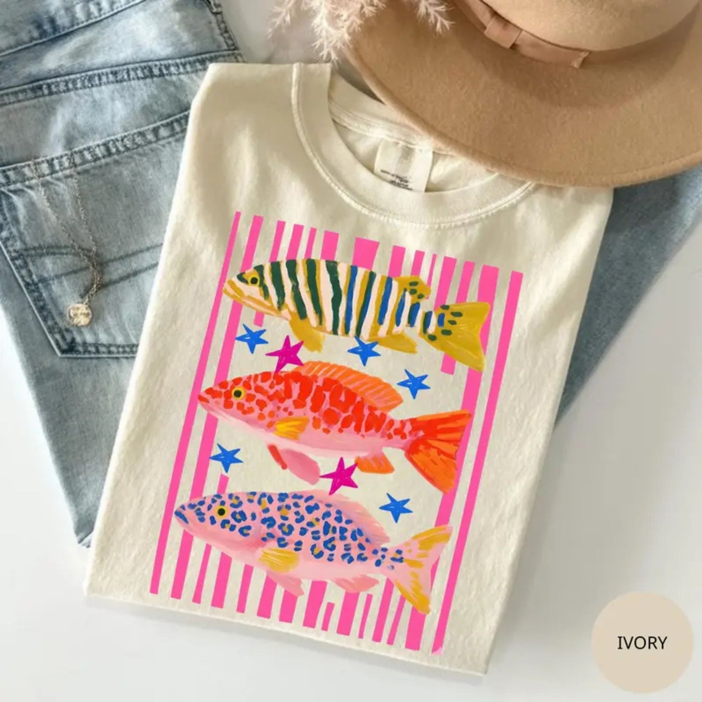 Comfort Colors Preppy Fish T-Shirt – Colorful Maximalist Fishing Graphic Tee, Cute Coastal Aesthetic Shirt for Women
