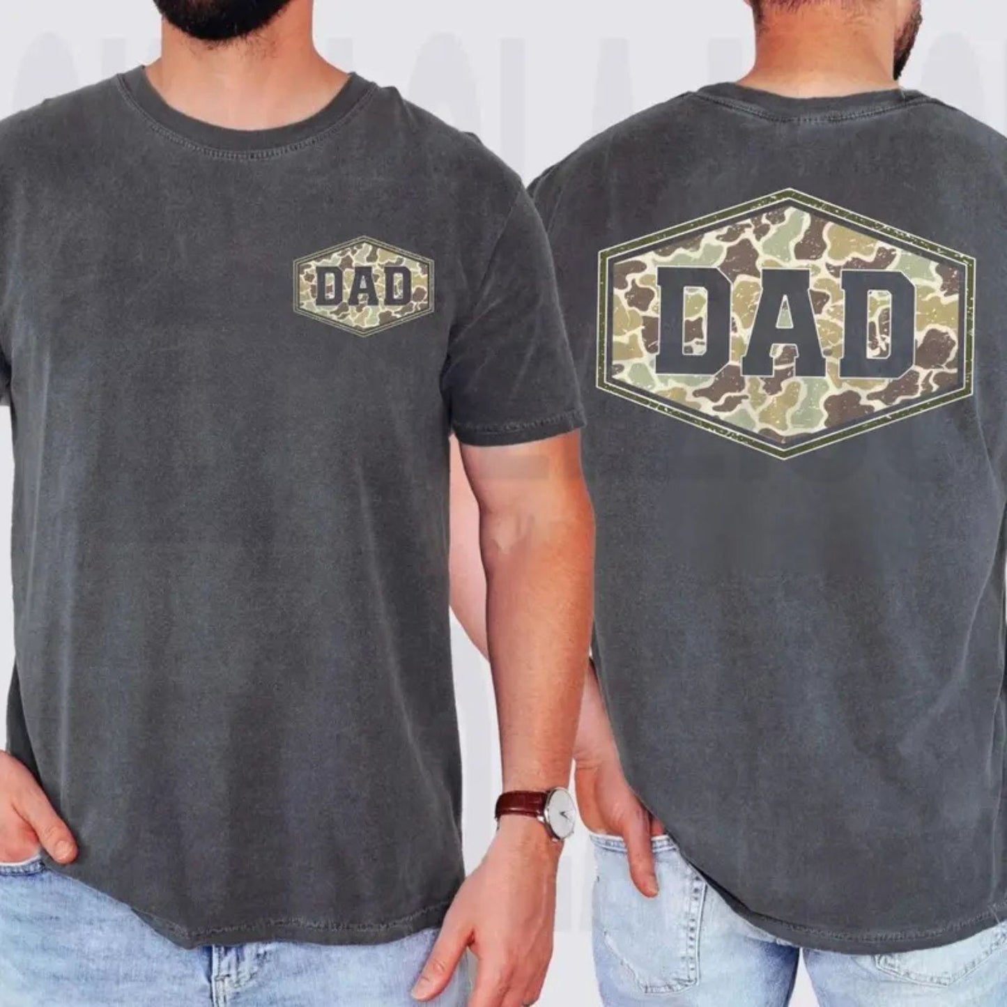 Camouflage Dad Comfort Colors Shirt – Retro Varsity Duck Camo Father’s Day Tee