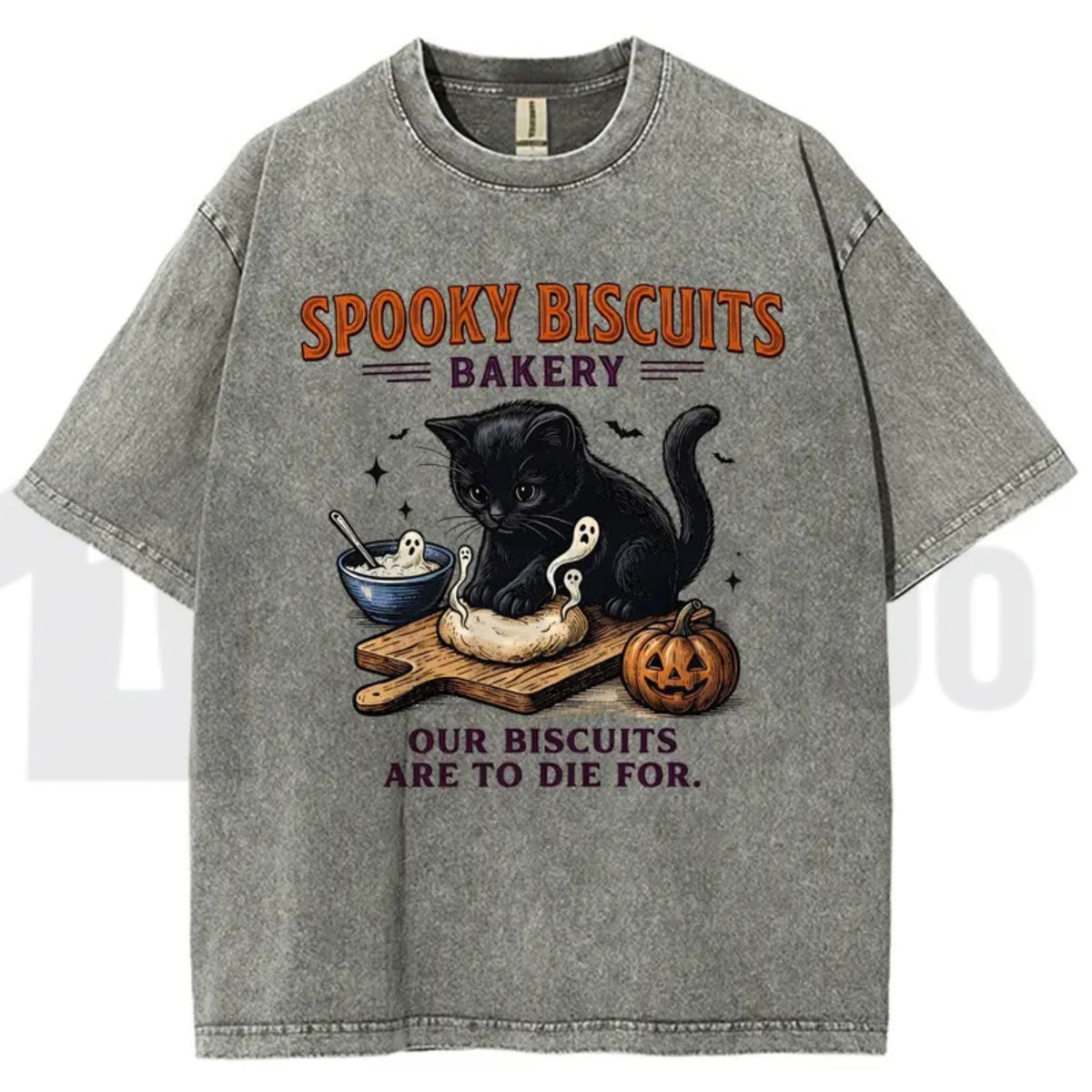 Spooky Black Cat Vintage Graphic Tee – Oversized Halloween Acid-Wash Shirt