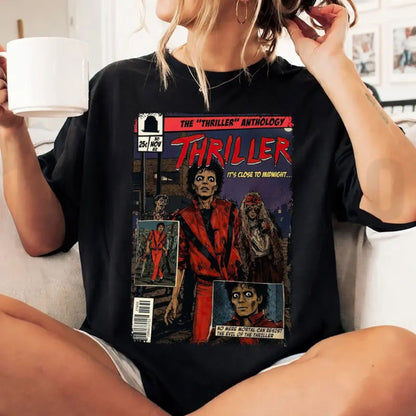 Vintage MJ Comic Graphic T-Shirt – Retro King of Pop Thriller Art Tee, 80s Pop Culture Music Fan Merchandise