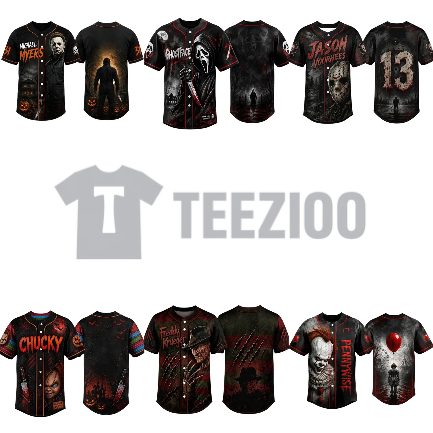 Horror Slasher Movie Characters Baseball Jersey - Spooky Squad Halloween Uniform