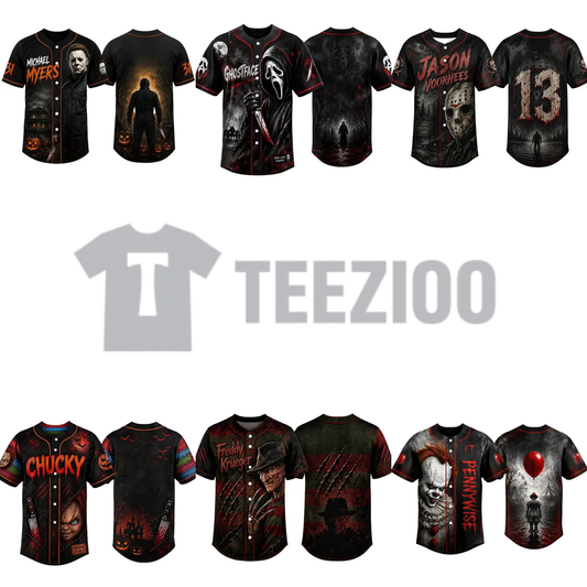 Horror Slasher Movie Characters Baseball Jersey - Spooky Squad Halloween Uniform