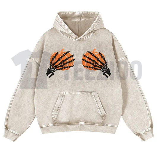Skeleton Hands Holding Pumpkins Gothic Hoodie - Playful Meme Halloween Washed Pullover