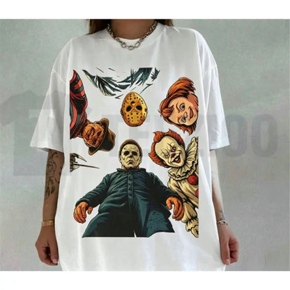 Retro Halloween Characters Tee – Vintage Spooky Season Horror Movie Shirt