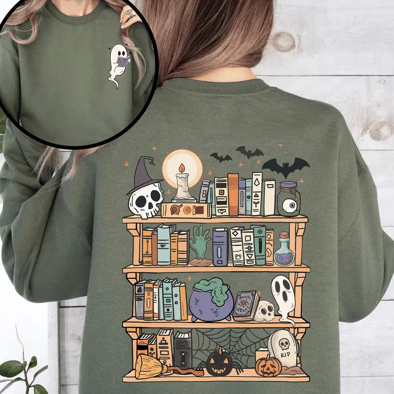 Reading Ghost Halloween Sweatshirt - Spooky Cute Library Teacher Pullover (Front & Back Print)