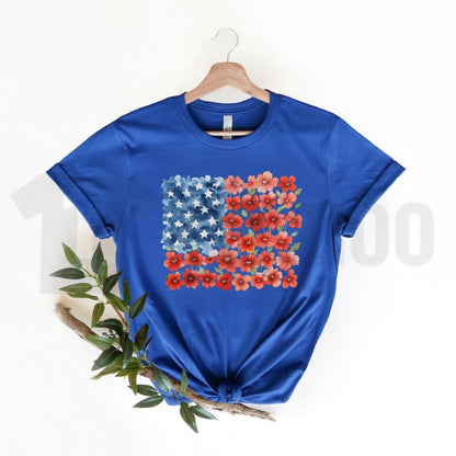 Floral American Flag Graphic T-Shirt – Patriotic Red Poppy 4th Of July Women’s Tee, Elegant Independence Day Apparel