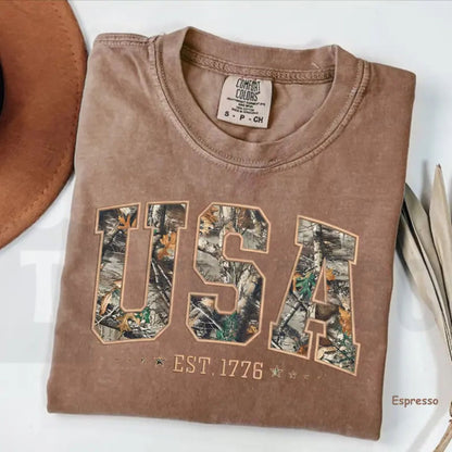 Camo USA Comfort Colors Shirt – Retro Patriotic 4th of July Hunting Tee