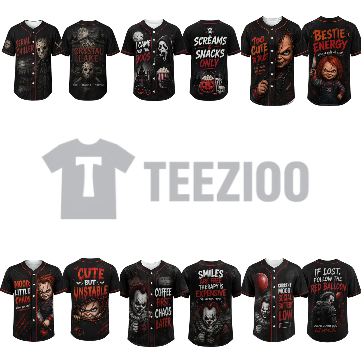Unisex Horror Graphic Print Baseball Jersey - Slasher Theme Spooky Button-Up