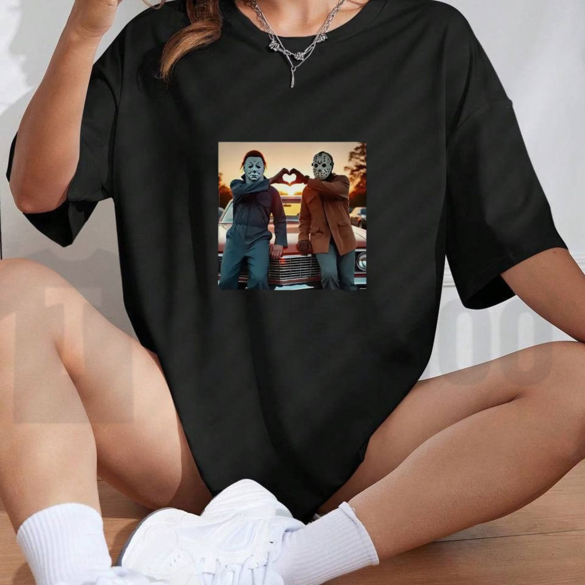 Retro Horror Movie Top – Vintage Michael Myers Heart Hands Graphic Apparel