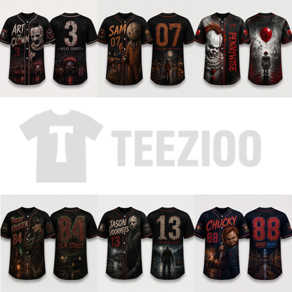 Horror Slasher Baseball Jersey - Gothic Halloween Button Front Shirt & Dark Graphic Top