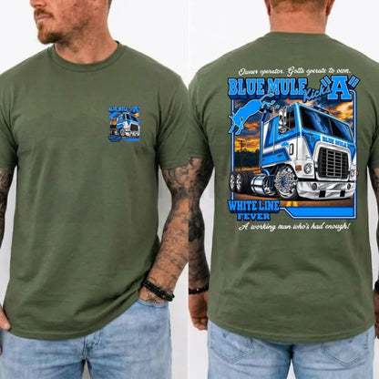 Outlaw Country Top – Blue Mule White Line Fever Trucker Band Graphic Apparel