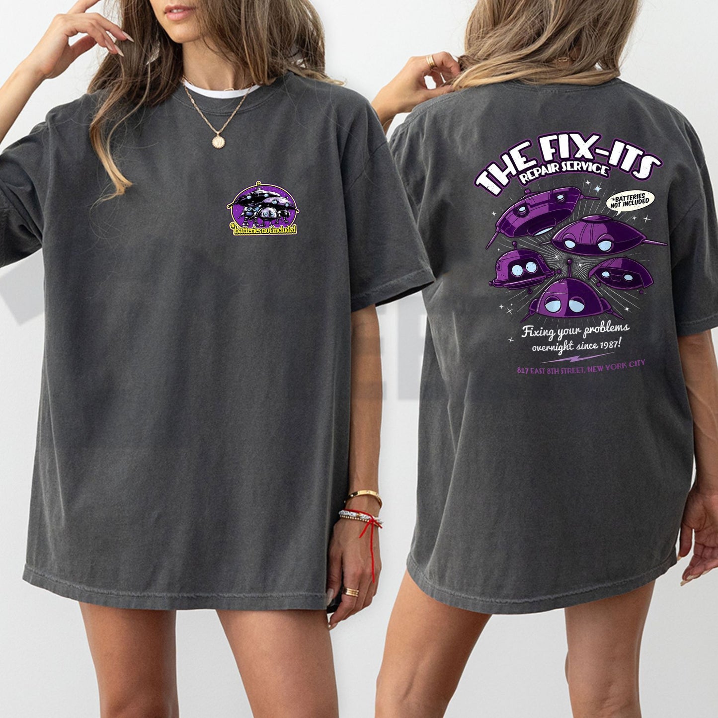Retro 80s Sci-Fi Batteries Not Included Tee – Fix-Its Repair Service Shirt