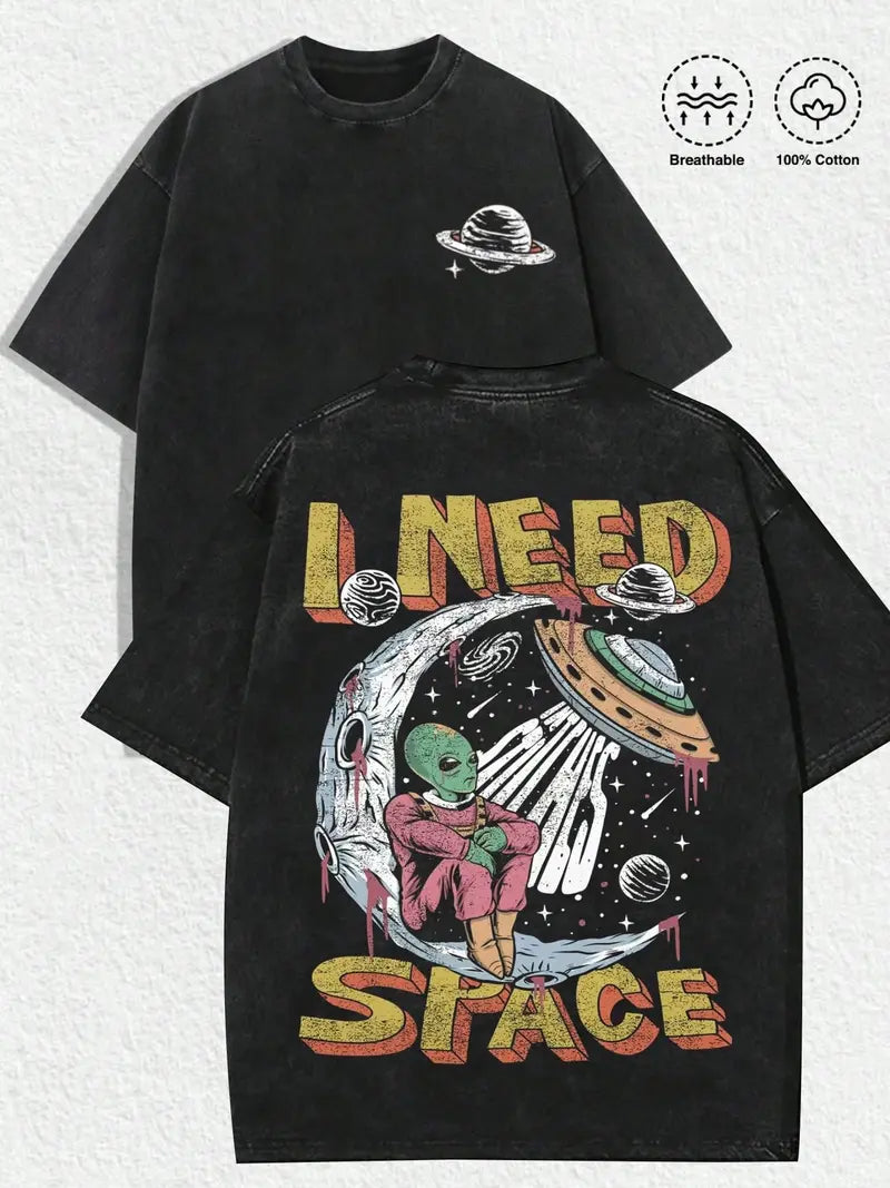 "I Need Space" Sci-Fi Graphic Tee – Modern Distressed Alien Shirt