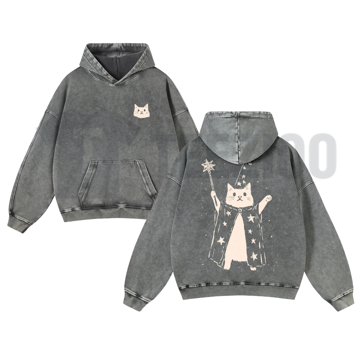 Washed Wizard Cat Hoodie - Aesthetic Pre-Shrunken Graphic Pullover