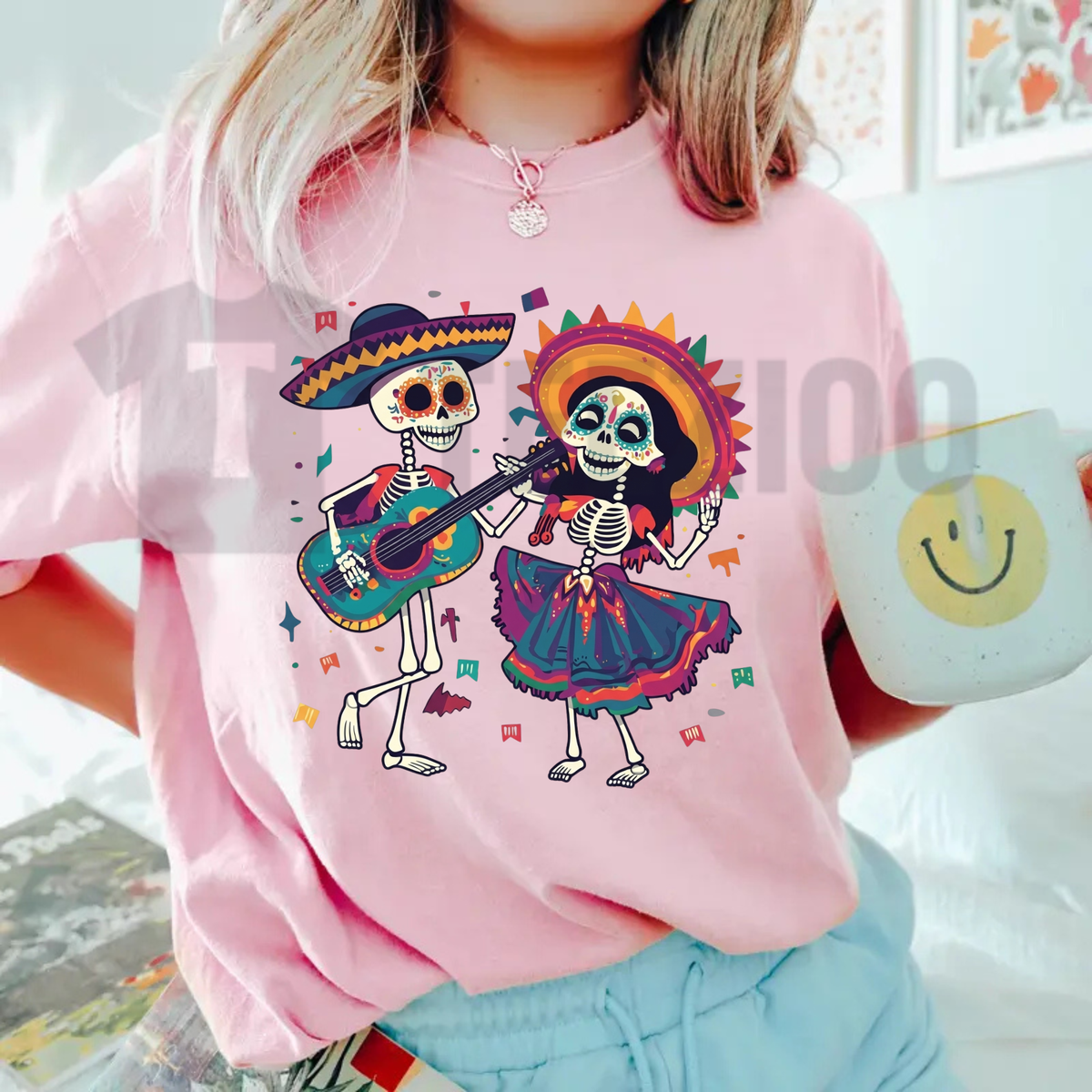Vibrant Folk Art Skeleton Dance Shirt - Dia de los Muertos Graphic Tee