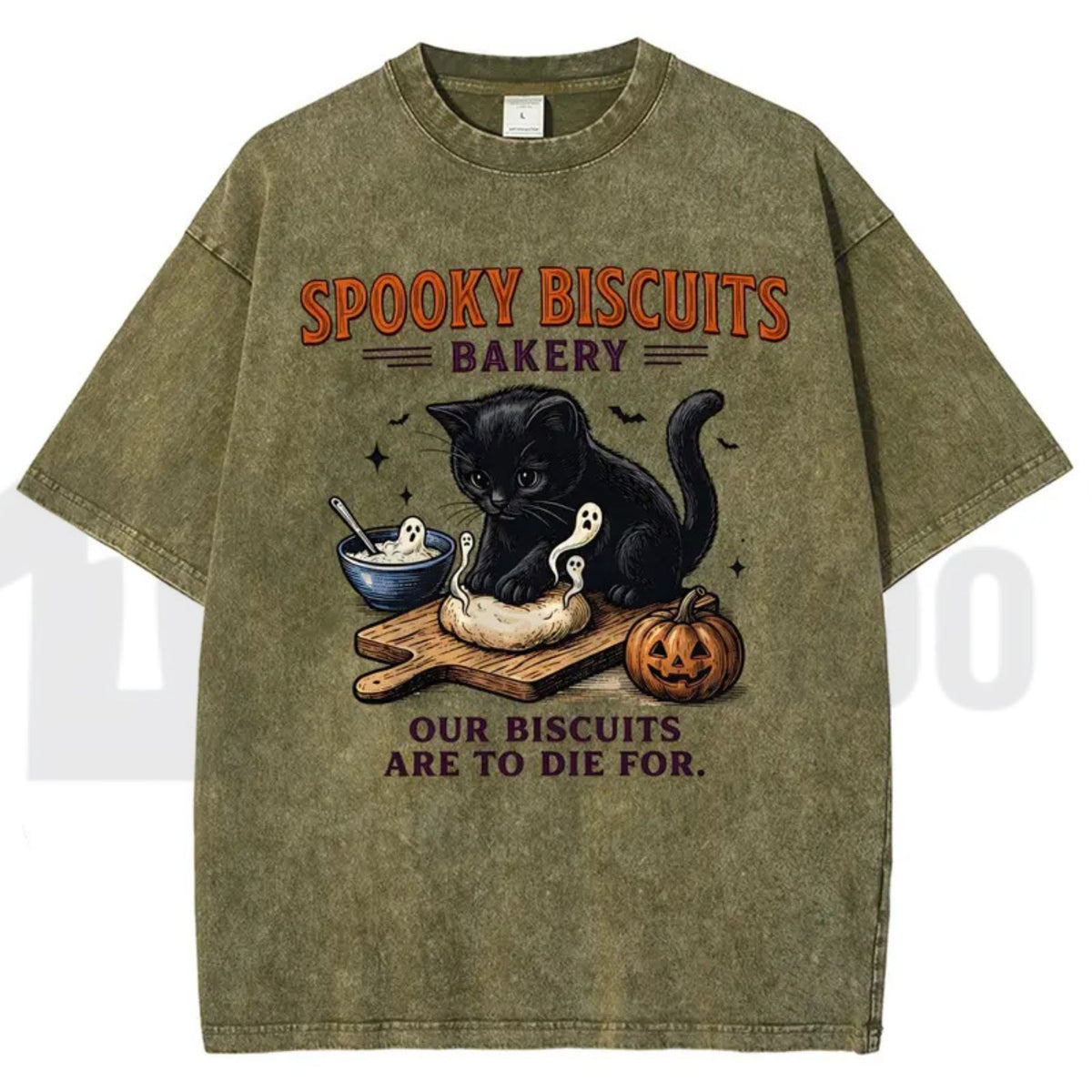 Spooky Black Cat Vintage Graphic Tee – Oversized Halloween Acid-Wash Shirt