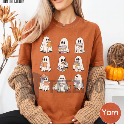 Ghost Reading Book Shirt - Girly Bookish Halloween Educator Tee