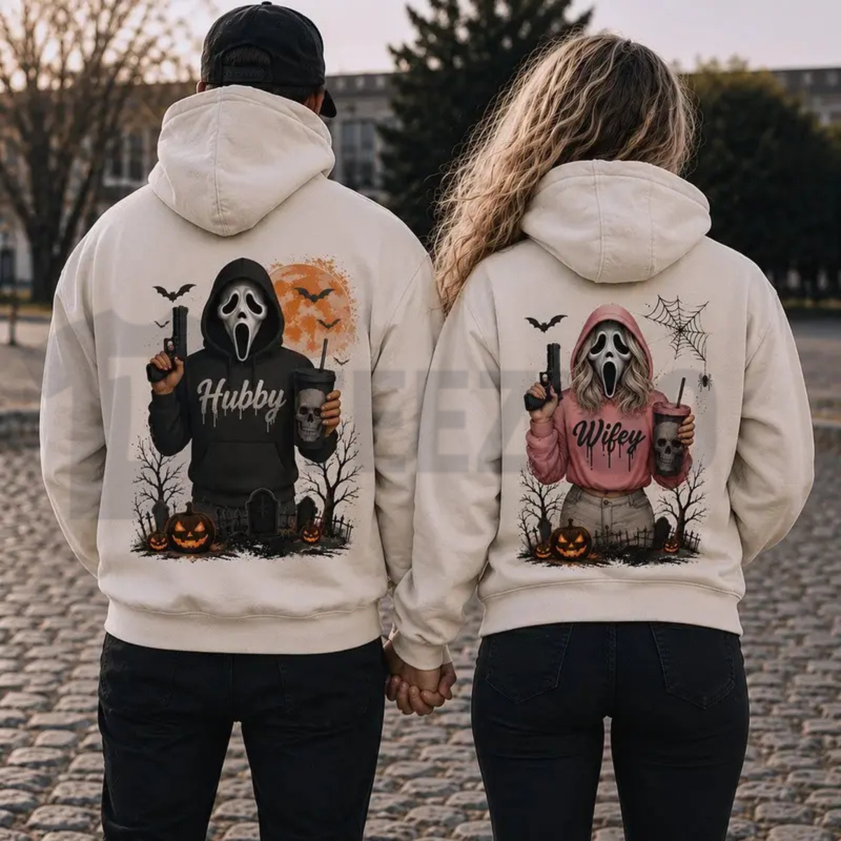 Hubby Wifey Halloween Spooky Season Couple Hoodies - Retro Skeleton Matching Pullover