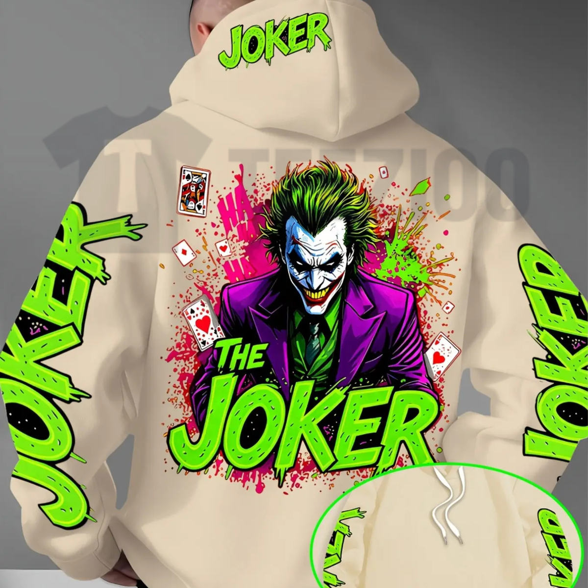 Fluorescent Joker Print Hoodie - Neon Cyberpunk Streetwear Graphic Pullover