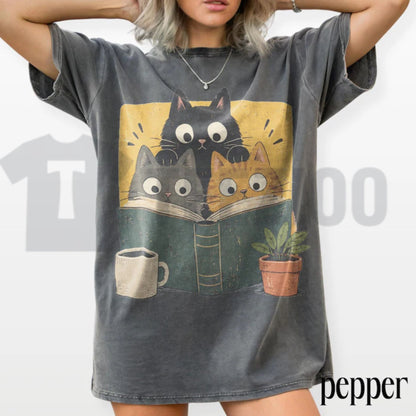 Retro Curious Reading Cats Comfort Colors Shirt – Book Lover Graphic Tee