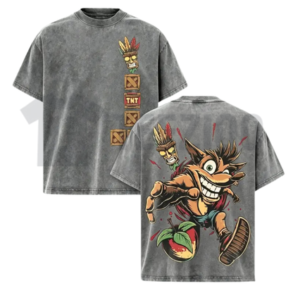 90s Crash Bandicoot Oversized Shirt - Aku Aku Mask Heavyweight Cotton Graphic Tee
