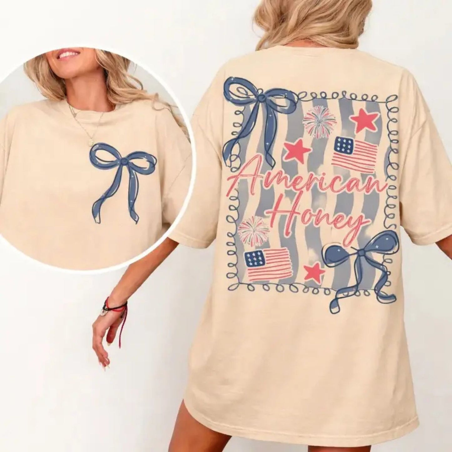 "American Honey" Coquette 4th Of July T-Shirt – Girly Vintage USA Graphic Tee, Premium 100% Cotton Independence Day Top, Made in USA