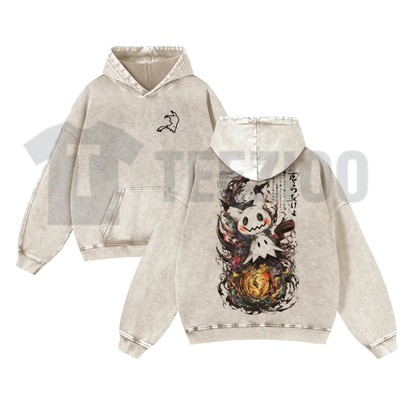 Mimikyu Japanese Ink-Wash Washed Hoodie - Yokai Graphic Streetwear Pullover