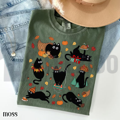 Thanksgiving Black Cat Comfort Colors Shirt – Retro Autumn Cozy Season Tee