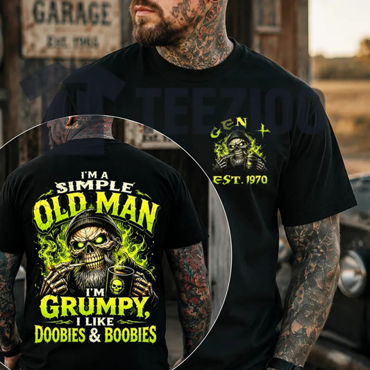 I'm A Simple Old Man Grumpy Custom Year Skull Shirt - Funny Gen X Biker Graphic Tee