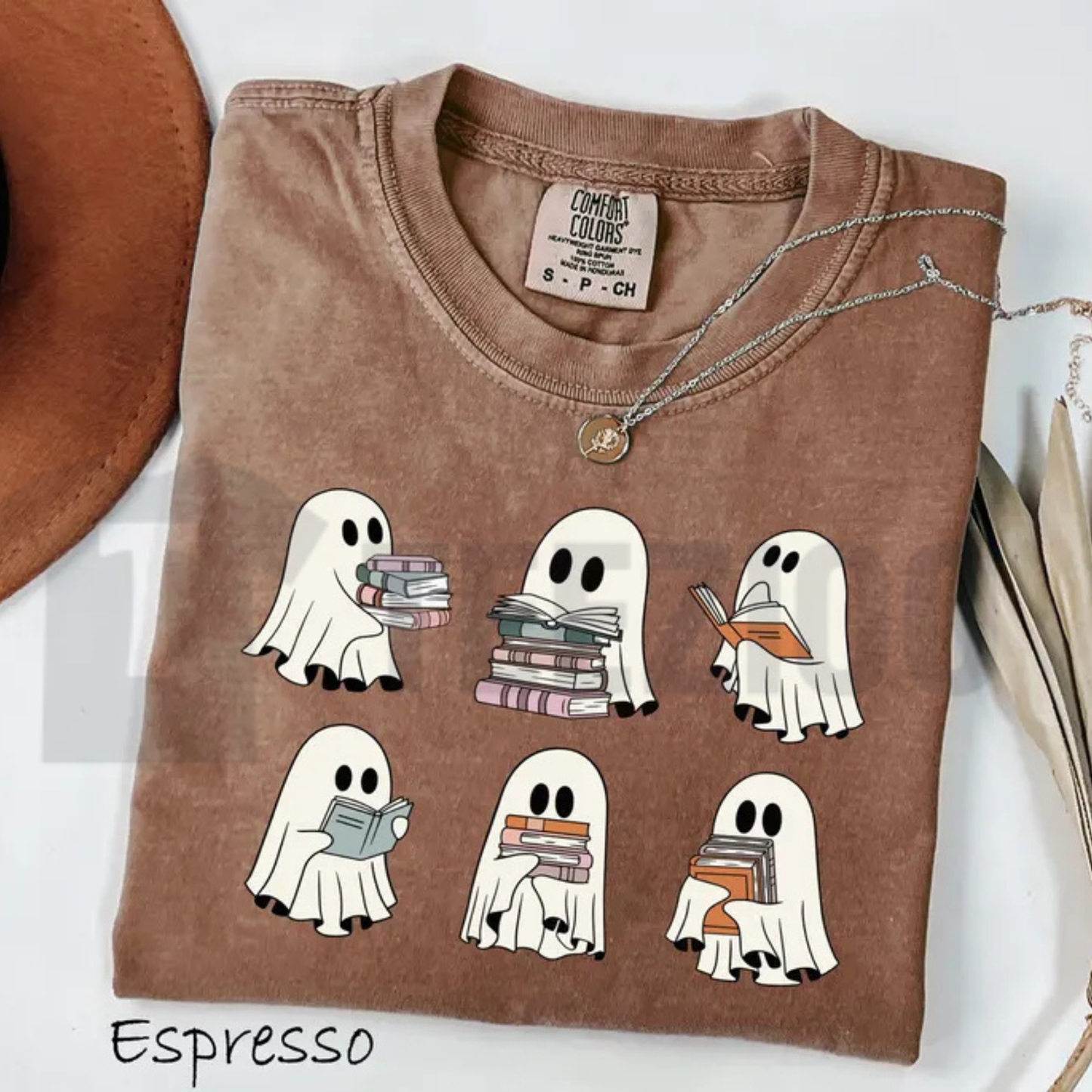 Spooky Halloween Bookshelf Comfort Colors Shirt – Ghost Reader Tee