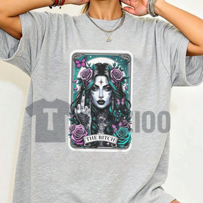 "The Bitch" Gothic Tarot Card T-Shirt - Funny Middle Finger Graphic Cotton Tee