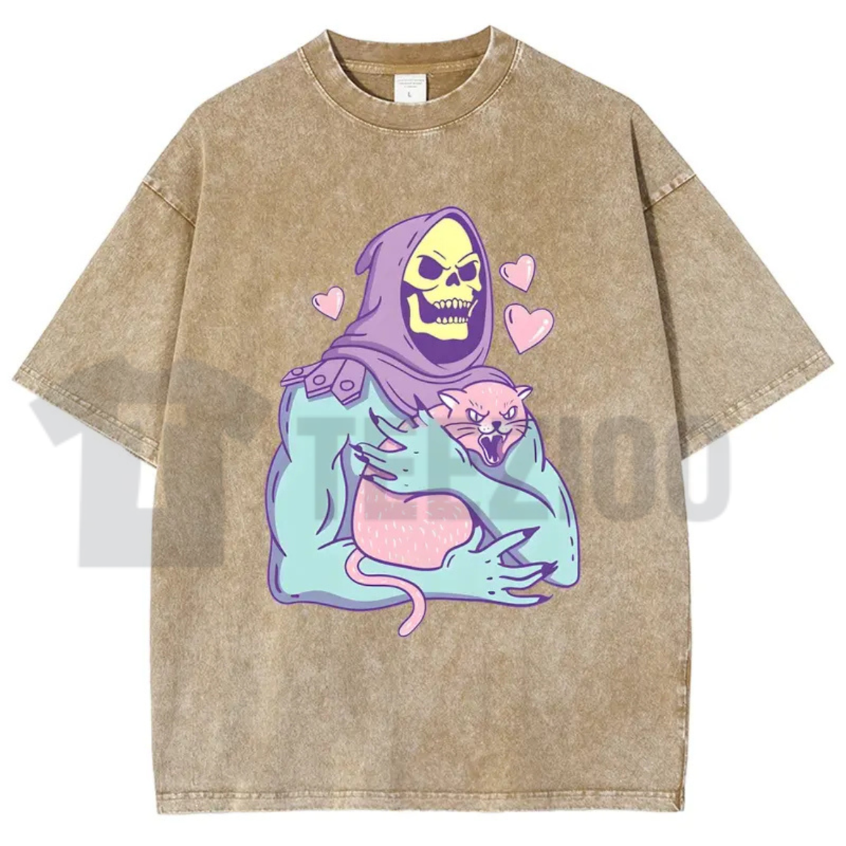 Urban Funny Skull Cat Acid Washed Shirt - 80s 90s Retro Streetwear Graphic Tee