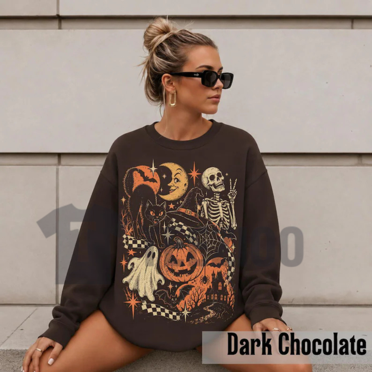 Retro Vintage Black Cat Ghost Skeleton Sweatshirt - Spooky Cute Halloween Pullover