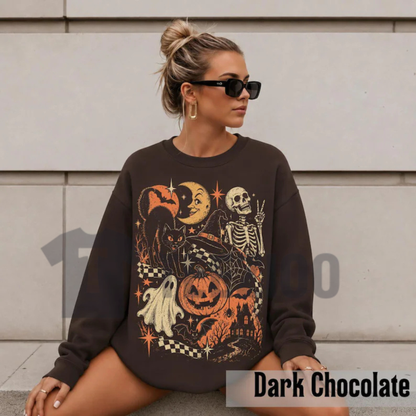Retro Vintage Black Cat Ghost Skeleton Sweatshirt - Spooky Cute Halloween Pullover