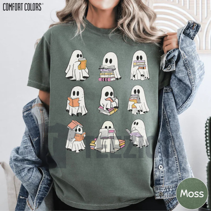 Ghost Reading Book Shirt - Girly Bookish Halloween Educator Tee